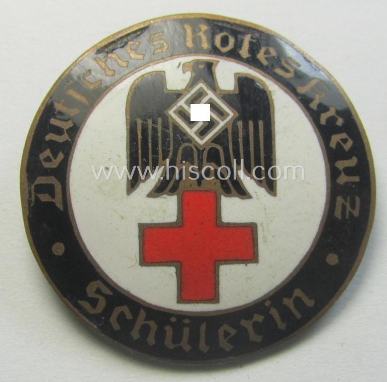 DRK (ie. 'Deutsches Rotes Kreuz') nurses'-badge entitled: 'Schülerin', being a medium-sized version showing an engraved bearers'-number: ('493'), town: ('Karlsruhe') and/or makers'-designation