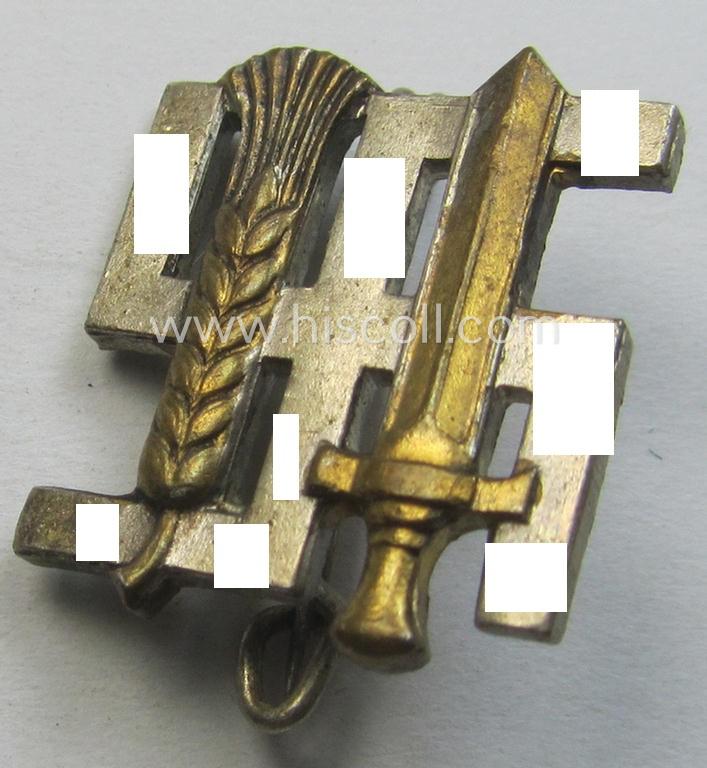 Membership lapel-pin: 'Reichsnährstand' (or: 'RNSt') being maker- (ie. 'Deschler'-) marked example that is executed in multi-coloured, so-called: 'Buntmetall'
