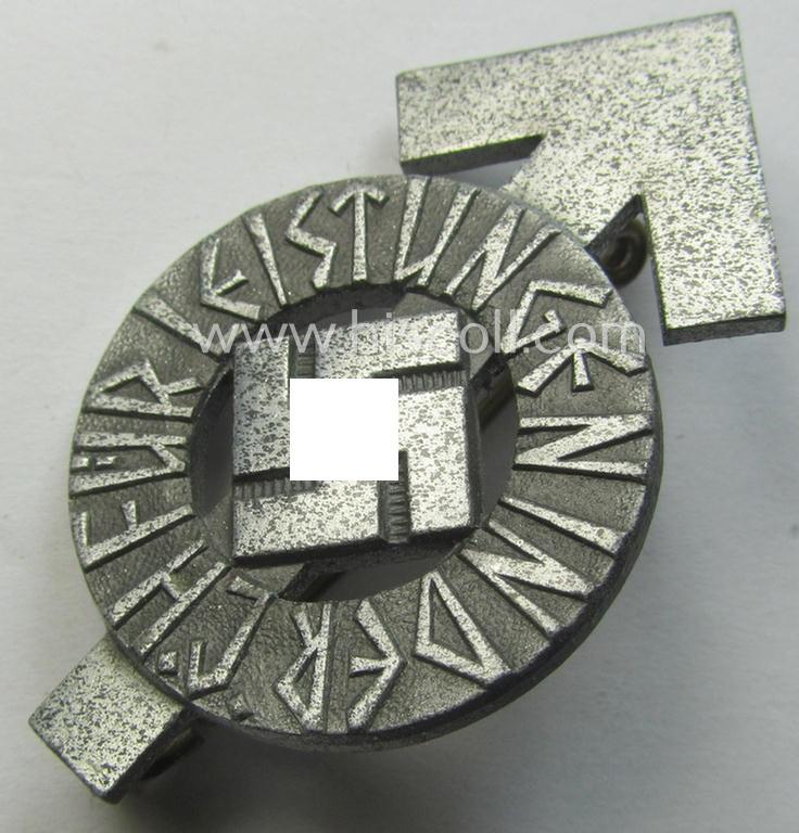 HJ- (ie. 'Hitlerjugend'-) sports-badge (or: 'HJ-Leistungsrune') of the silver-class being a maker- (ie. 'RzM - M1/34'-) marked- and/or: 'Feinzink'-based specimen