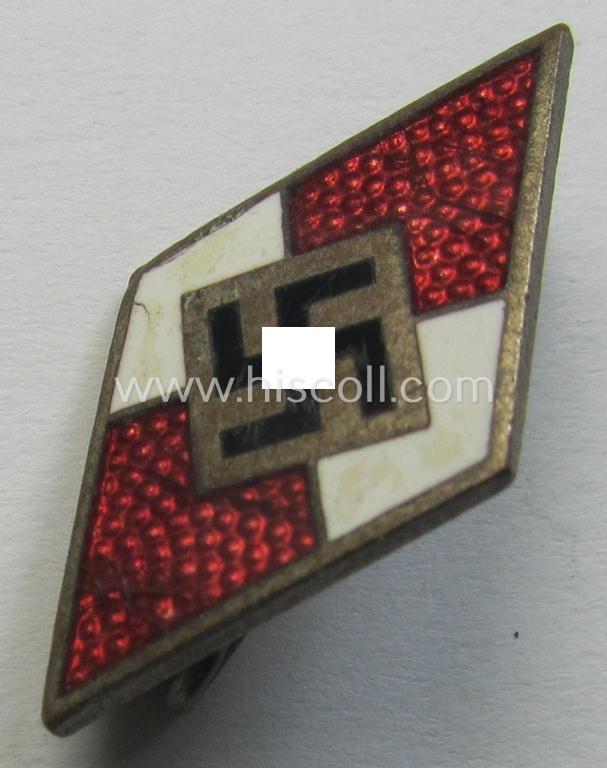 HJ (ie. 'Hitlerjugend') enamelled lapel-pin (ie.: 'Raute') with a: 'RzM - M1/93'-makers'-designation