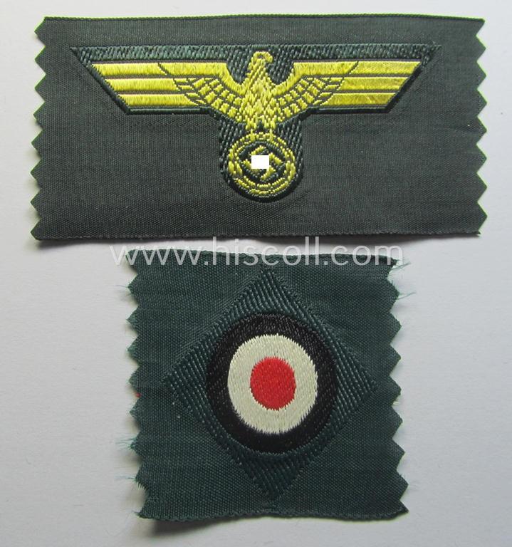 WH (KM ie. 'Küsten-Marine o. Marine-Art.') side-cap-eagle and cocarde-set (being a 'virtually mint- ie. unissued' set as executed in golden-yellow-coloured linnen on a darker-green-coloured background)