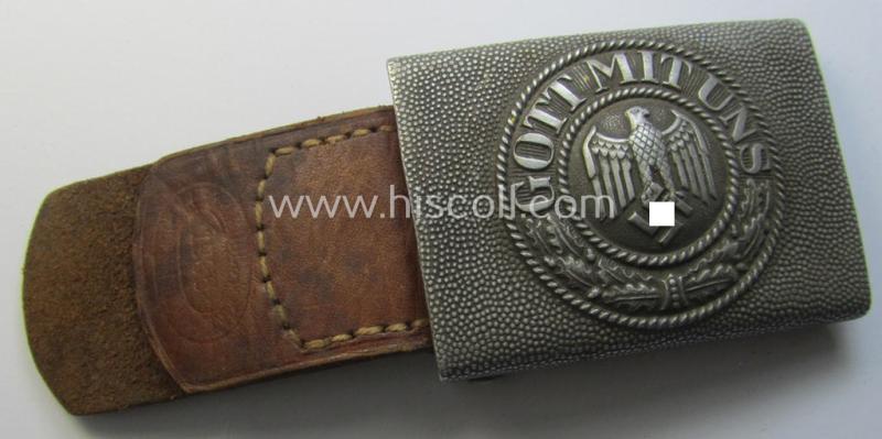 WH (Heeres) 'standard-pattern', field-grey-toned- and aluminium-based belt-buckle being a maker- (I deem 'Bernh. Haarmann'-) marked- and/or '1938'-dated example that comes mounted onto its leather-based tab