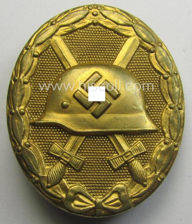 'Verwundeten-Abzeichen in Gold' being a maker- (ie. '30'-) marked- and typical 'Buntmetall'-based 'flat-pinned'-example that comes stored in its maker- (ie. 'Hauptmünzamt - Wien'-) marked- and period etui