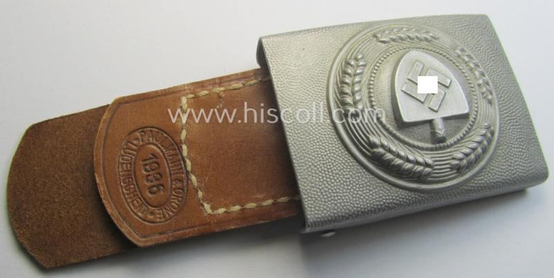 'Reichsarbeitsdienst'- (ie. RAD-) EM- (ie. NCO-) type belt-buckle being a maker- (ie. 'Paulmann & Crone'-) marked example which is dated: '1936' and that comes mounted onto its leather-based tab