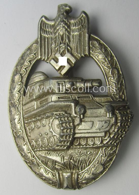'Panzerkampfabzeichen in Silber' (or: silver-class panzer-assault badge or PAB) being a clearly maker- (ie. 'AS'-) marked- and/or zinc- (ie. 'Feinzink'-) based specimen, as was procuced by the: 'Adolf Scholze'- (ie. 'A.S.'-) company