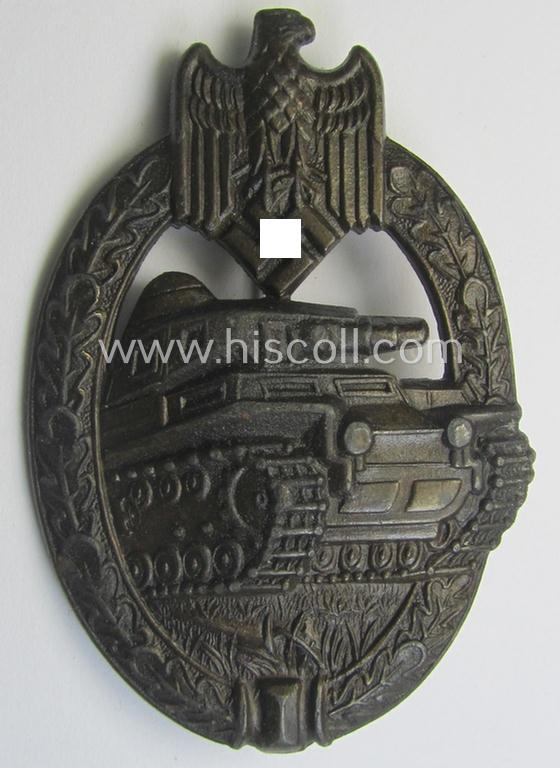 'Panzerkampfabzeichen in Bronze' (or: bronze-class panzer-assault badge or PAB) being a clearly maker- (ie. 'AS'-) marked- and/or zinc- (ie. 'Feinzink'-) based specimen, as was procuced by the: 'Adolf Scholze'- (ie. 'A.S.'-) company