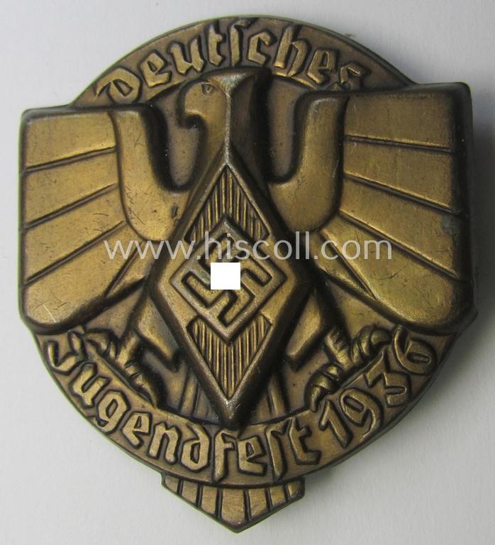 HJ- (Hitlerjugend-) related day-badge (ie. 'tinnie' or: 'Veranstaltungsabzeichen') as was issued to commemorate participation in a HJ-related gathering ie. rally named: 'Deutsches Jugendfest 1936'