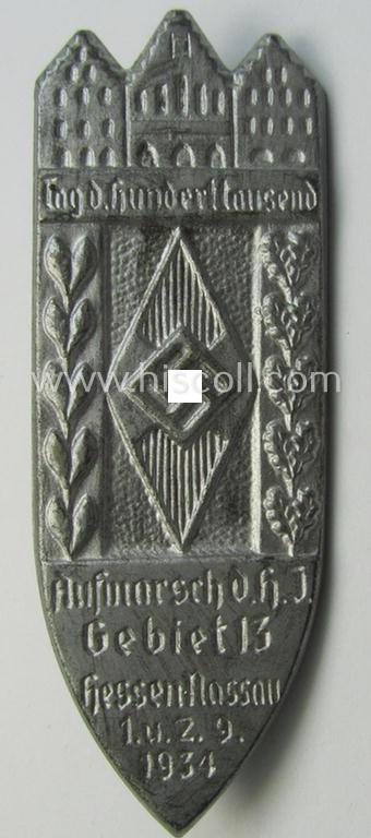 HJ (ie.'Hitlerjugend') related 'tinnie' ie. 'Veranstaltungsabzeichen': 'Aufmarsch der HJ - Gebiet 13 - Hessen-Nassau - 1. u.- 2.9.1934'