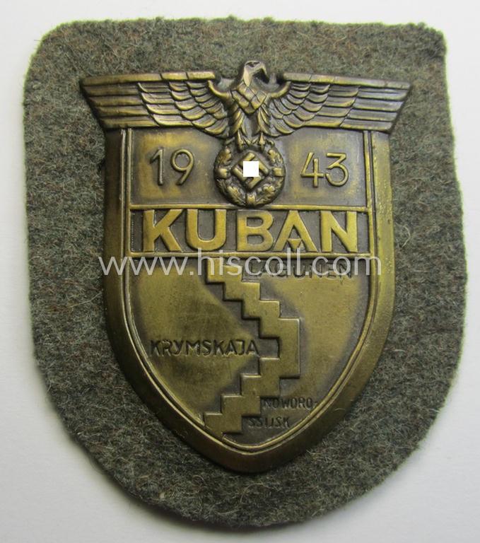 WH (Heeres ie. Waffen-SS) 'Kuban'-campaign-shield that comes mounted onto its original field-grey-coloured- and/or woolen-based 'backing'