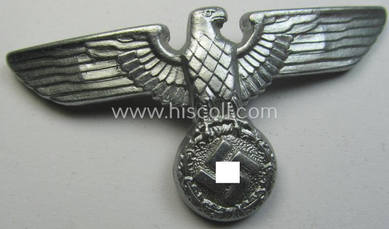 Bright-silver-coloured- and/or: zinc- (ie. 'Feinzink'-) based (political-style) visor- (ie. 'Schirmmützen'-) cap-eagle being a detailed example that is neatly: 'RzM' and/or: 'M1/24' marked