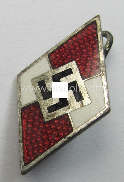 HJ (ie. 'Hitlerjugend') enamelled lapel-pin (ie.: 'Raute') with a: 'RzM - M1/102'-makers'-designation