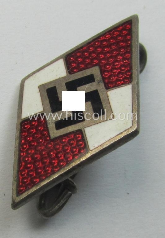 HJ (ie. 'Hitlerjugend') enamelled lapel-pin (ie.: 'Raute') with a: 'RzM - M1/34'-makers'-designation