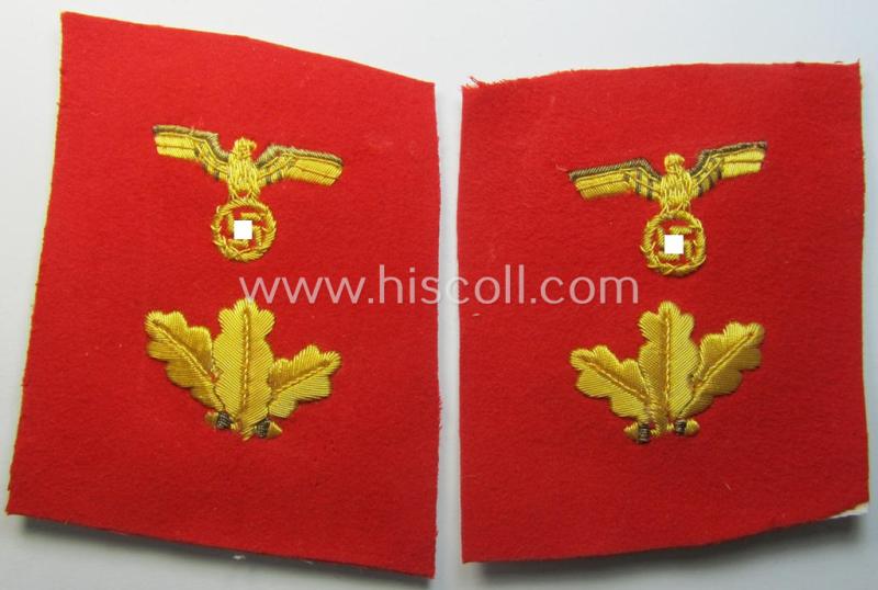 Interesting - and matching! - pair of N.S.D.A.P.-type collar-patches (ie. 'Kragenspiegel für pol. Leiter') being a pair of so-called: 'Halbfabrikate' as was intended for an official at 'Gau'-level and that comes in a clearly unfinished condition