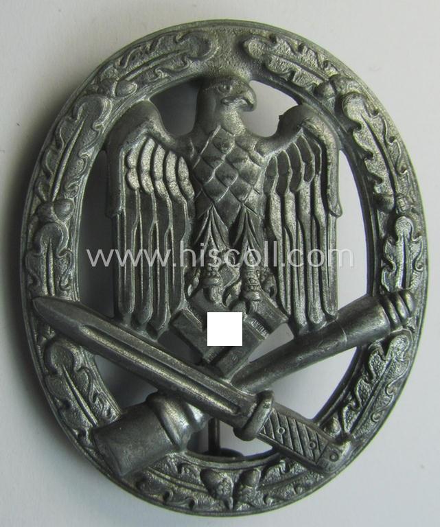 'Allgemeines Sturmabzeichen' (or: General Assault Badge ie. GAB) being a typical unmarked, zinc- (ie. 'Feinzink'-) based so-called: 'flat-back'-pattern by a (by me) unidentified maker