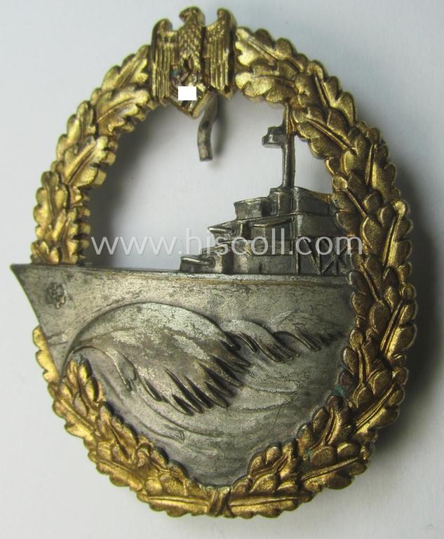 WH (Kriegsmarine) 'Zerstörerkriegsabzeichen' being a maker-marked example as executed in 'Buntmetall' (ie. 'Tombak') as was produced by the desirable maker (ie. 'Hersteller'): 'GWL' (ie. 'Gebr. Wegerhoff')