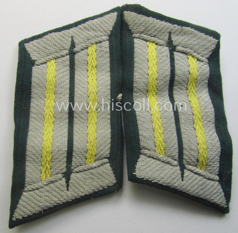 WH (Heeres) pair of (later-war-pattern!) officers'-type collar-tabs (ie. 'Kragenspiegel für Offiziere') as executed in 'BeVo'-weave pattern as was intended for an officer serving within the: 'Nachrichten-Truppen'