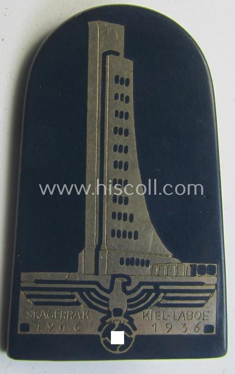 Darker-blue-coloured- and/or unusually 'resin'-based (and silver-inlayed) naval-related day-badge (ie. 'tinnie' or: 'Veranstaltungsabzeichen') bearing the text: 'Skagerrak 1916 - Kiel-Laboe 1936'