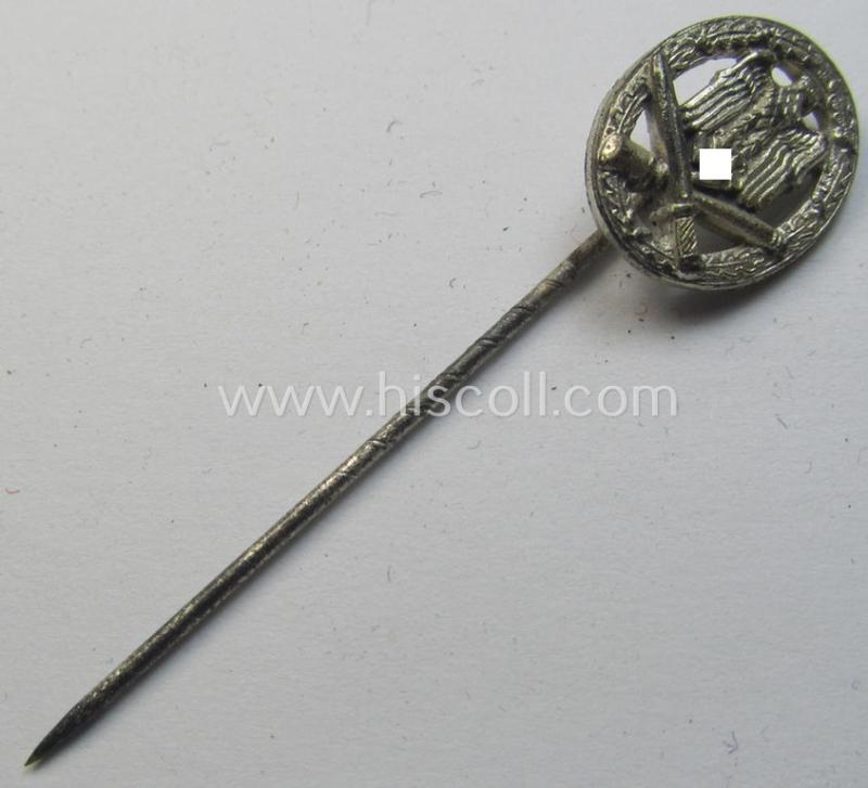 Miniature-lapel-pin depicting an: 'Allgemeines-Sturmabzeichen' (or: general-assault-badge ie. GAB) being a non-maker-marked example as executed in silver-coloured zinc-based metal (ie. 'Feinzink')