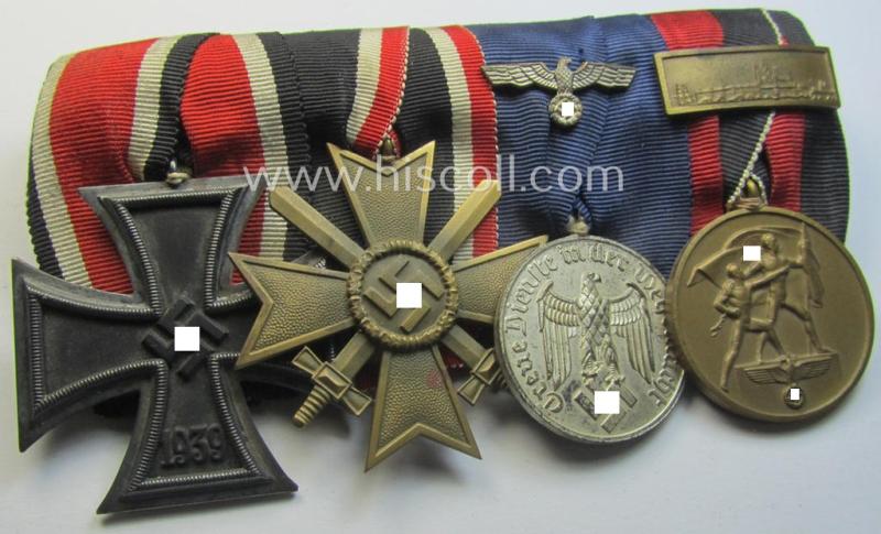 4-pieced WH (Heeres o. KM etc.) medal-bar (ie.: 'Ordenspange') resp. showing an: 'EKII. Kl.', a: 'KvK II.Kl. mit S.', a: 'WH-DA 4. St.' (with eagle-device) and a: Czech 'Anschluss'-medal (with a firmly attached 'Prager Burg-Spange')