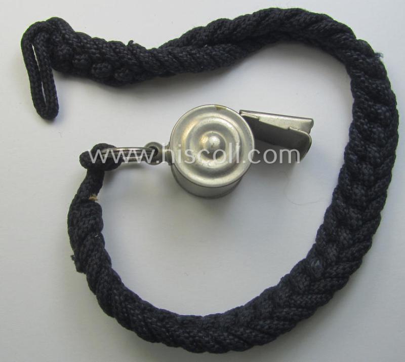WH (Heeres, Kriegsmarine, HJ etc.) personal-equipment-item: a nickle-chrome-based flute (ie. 'Dienstflöte') onto its original (darker-blue-coloured- and/or twisted) lanyard