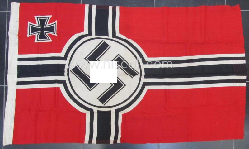 Medium-sized, WH (Kriegsmarine) so-called: 'Reichskriegsflagge' being a: 80 x 135 cms.- sized- and/or maker- (ie. 'N.V.P.F. v. Vlissingen en Co's Katoenfabr. - Helmond (Holland)') marked example