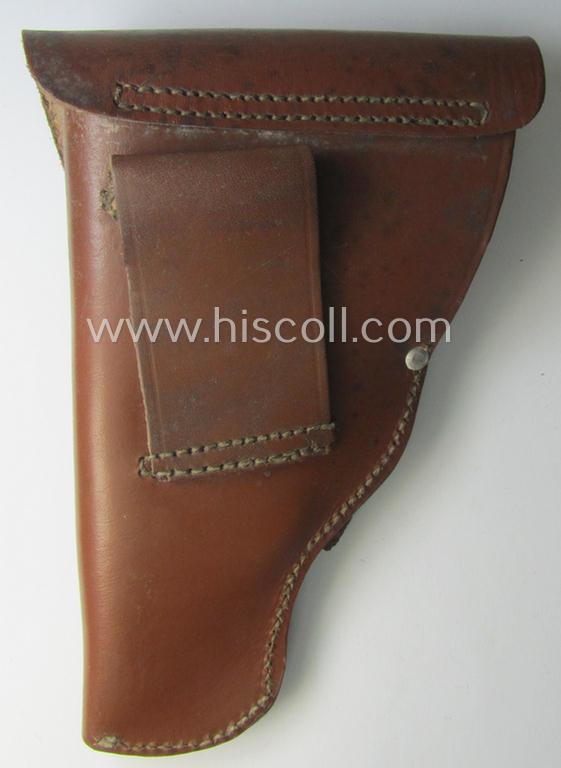 WH (Heeres, LW etc.) reddish-brown-coloured- and/or genuine leather-based, so-called: 'Mauser 7.65 mm. Pistole'-soft-shell holster being a neatly maker- (ie. 'Schambach & Co. - Berlin'-) marked, 'WaA'-stamped and/or: '1942'-dated example