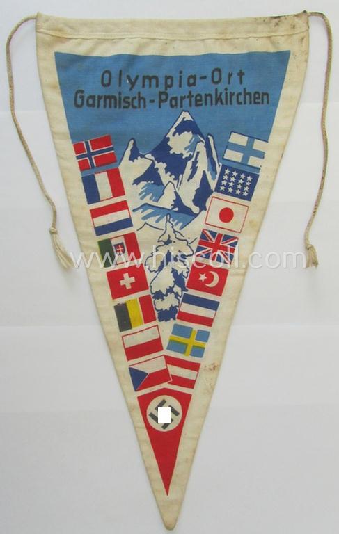 'Patriotic-styled'- and/or truly nicely executed! - multi-coloured, TR-period vehicle- ie. bicycle-flag (ie. 'Fahrrad-Fahne') depicting various national flags and text: 'Olympia-Ort - Garmisch-Partenkirchen'