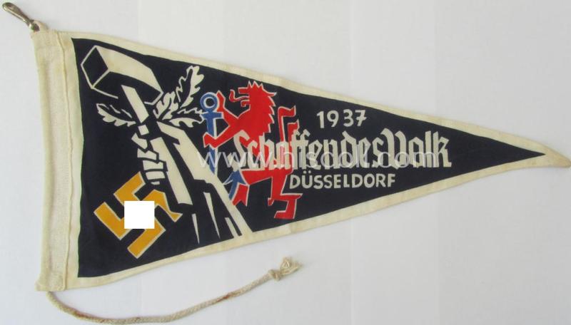 'Patriotic-styled'- and/or truly nicely executed! - multi-coloured, TR-period vehicle- ie. bicycle-flag (ie. 'Fahrrad-Fahne') depicting a lion, anchor, hammer and oakleaves, swastika and text: '1937 - Schaffendes Volk - Düsseldorf'