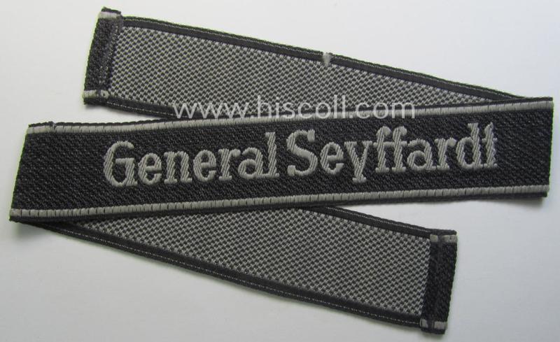 Waffen-SS, 1943-pattern cuff-title (ie. 'Ärmelstreifen') depicting the machine-woven Latin script text in silver-grey linnen as was specifically intended for usage by a member of the: 'SS-Frw.-Panzer-Grenadier-Regiment 48' - “General Seyffardt