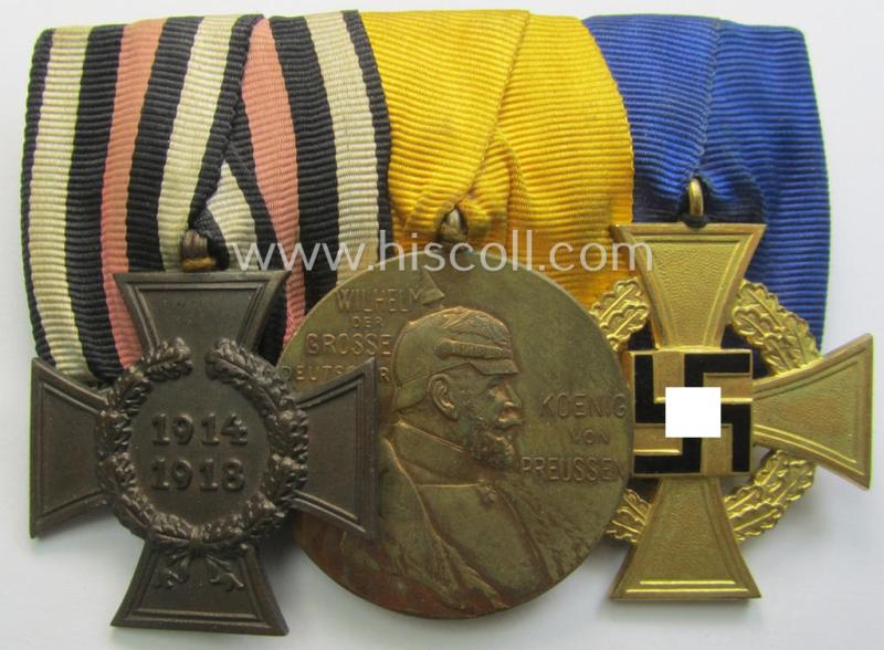 3-pieced, WKI- (ie. TR-) period 'Ordenspange' resp. depicting a: 'Kriegsteilnehmerkreuz ohne Schwn.'), a: Preussen 'Centenarmedaille 1897' and a: 'Treuedienst Ehrenzeichen der 1. Kl.'