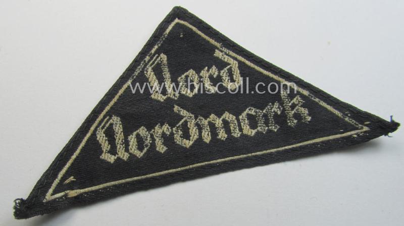 'HJ' ('Hitlerjugend') ie. 'BDM' ('Bund Deutscher Mädel'-) district-triangle (ie. 'Gebietsdreieck') entitled: 'Nord Nordmark' being a moderately used- ie. worn example that misses its paper-based 'RzM'-etiket