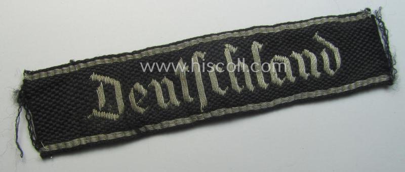 Relic- (ie. clearly shortened), Waffen-SS officers-type cuff-title (ie. 'Ärmelstreifen') as executed in flat-wire 'BeVo'-weave-pattern (in Gothic-styled script!) for an officer in the: SS-Rgt. 'Deutschland' (2. SS-Pz.-Div. “Das Reich”)