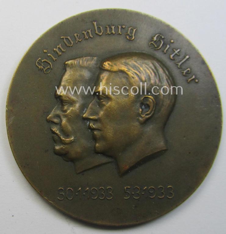 Bronze-toned - and I deem genuine bronze-metal-based! - commemorative-table-medal (ie. 'nichttragenare Erinnerungs-Medaille') entitled: 'Hindenburg - Hitler - 30.1.1933 - 5.3.1933'