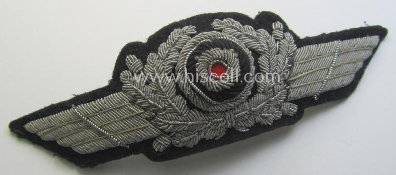 WH (Luftwaffe), hand-embroidered cap-wreath ie. cocarde as intended for a 'Luftwaffe' officers'-type visor-cap (ie. 'Schirmmütze') being a neatly maker- (ie. 'J.F.R.'-) marked example