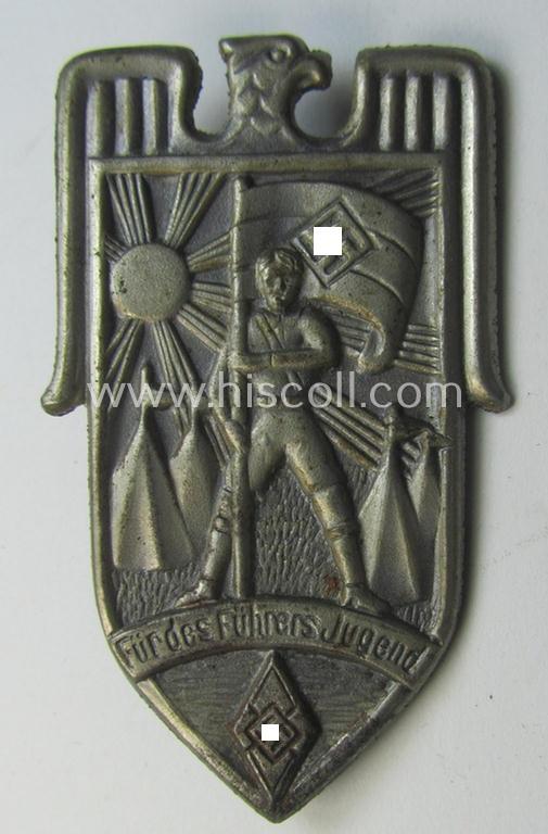 Silver-toned HJ/BDM (ie. 'Hitlerjugend' or: 'Bund Deutscher Mädel') day-badge (ie. 'tinnie' or: 'Veranstaltungsabzeichen') entitled: 'Für des Führers Jugend' as was issued to commemorate participation within a specific youth-event