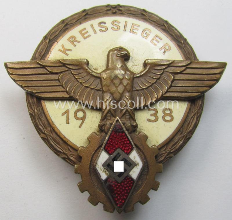 'HJ'- ('Hitlerjugend') ie. 'BDM'- ('Bund Deutscher Mädel') related: 'Reichsberufswettkampf-Siegerabzeichen': 'Kreissieger 1938' marked: 'G. Brehmer'