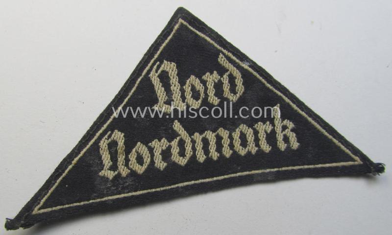 'HJ' ('Hitlerjugend') ie. 'BDM' ('Bund Deutscher Mädel'-) district-triangle (ie. 'Gebietsdreieck') entitled: 'Nord Nordmark' being a moderately used- ie. worn example that misses its paper-based 'RzM'-etiket