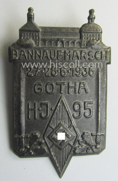 HJ (ie. 'Hitlerjugend') related 'tinnie' being a non-maker-marked example as executed in silver-toned 'pot-metal' and showing the text: 'Bannaufmarsch - 27.28.6.1936 - Gotha - H.J. 95'
