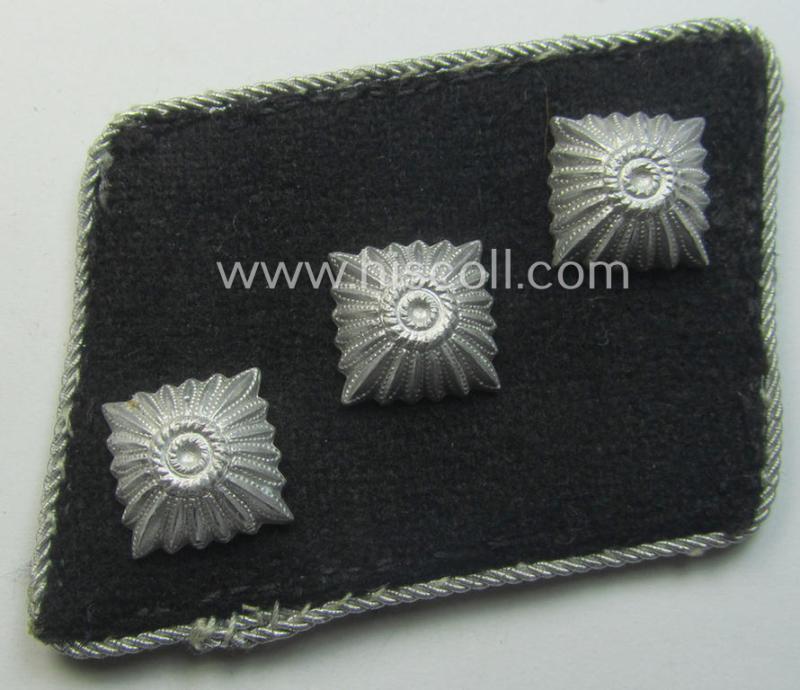 Waffen-SS (ie. 'SS') officers'-pattern collar-rank-tab ('Kragenspiegel für Führer') being a 'standard-issue'- (ie. 'RzM'-) pattern example as executed in the black-coloured wool as was intended for an: 'SS-Untersturmführer'