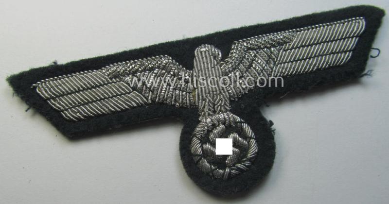 WH (Heeres) officers'-type, hand-embroidered breast-eagle (ie. 'Brustadler für Offiziere') as was executed in bright-silverish-coloured braid as was intended for usage on the various officers'-pattern tunics