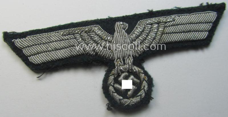 WH (Heeres) officers'-type, hand-embroidered breast-eagle (ie. 'Brustadler für Offiziere') as was executed in bright-silverish-coloured braid as was intended for usage on the various officers'-pattern tunics