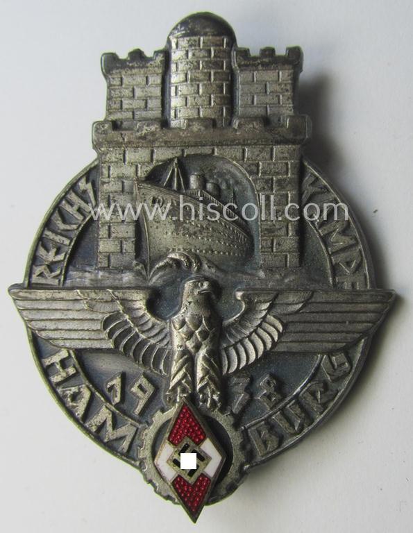 HJ- ie. BDM (ie. 'Hitlerjugend' or: 'Bund Deutscher Mädel') related day-badge: 'Reichskampf Hamburg 1938'