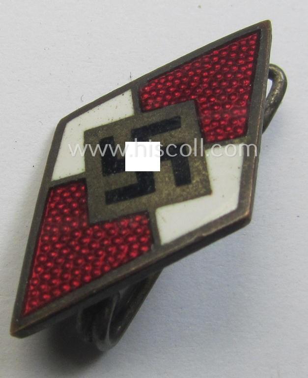 HJ (ie. 'Hitlerjugend') enamelled lapel-pin (ie.: 'Raute') with a: 'RzM - M1/101'-makers'-designation