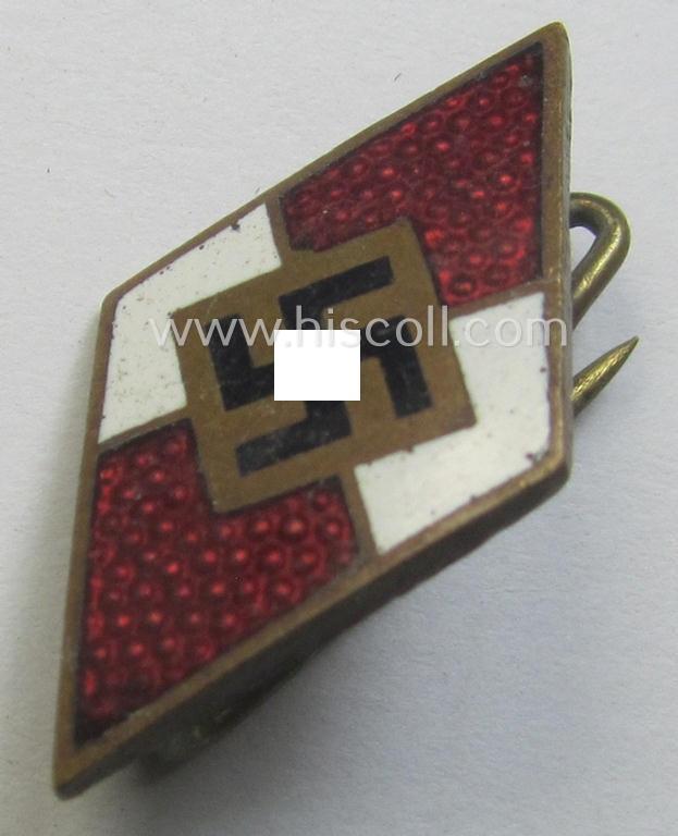 HJ (ie. 'Hitlerjugend') enamelled lapel-pin (ie.: 'Raute') with a: 'RzM - M1/159'-makers'-designation