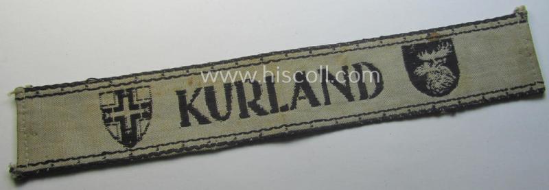 Full-length example of a WH (Heeres ie. Kriegsmarine) cuff-title- ie. armband (ie. 'Ärmelstreifen') entitled: 'Kurland' that comes in an overall very nice- (albeit clearly used- ie. tunic-removed-), condition