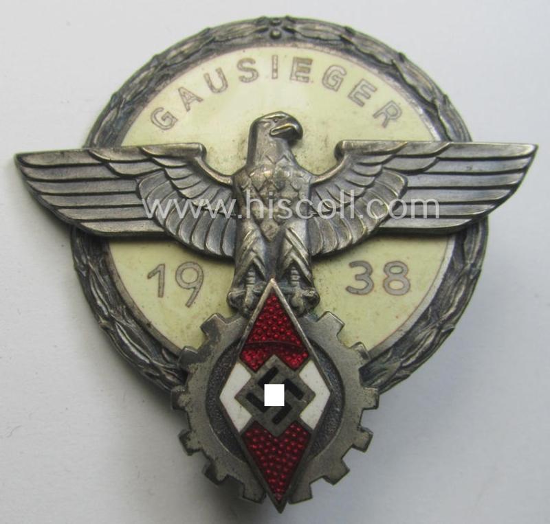 'Buntmetall'-based, 'HJ'- (ie. 'BDM'-) related so-called: 'Reichsberufswettkampf-Siegerabzeichen' (of the 2nd model) entitled: 'Gausieger 1938' and being a neatly maker- (ie.: 'G. Brehmer'-) marked example