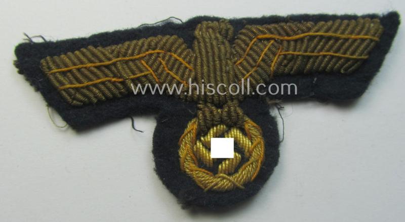 WH (Kriegsmarine) officers'-type, hand-embroidered visor-cap-eagle (ie. 'Schirmmützenadler für Offiziere der KM') as intended for usage on the various naval, officers'-pattern visor-caps