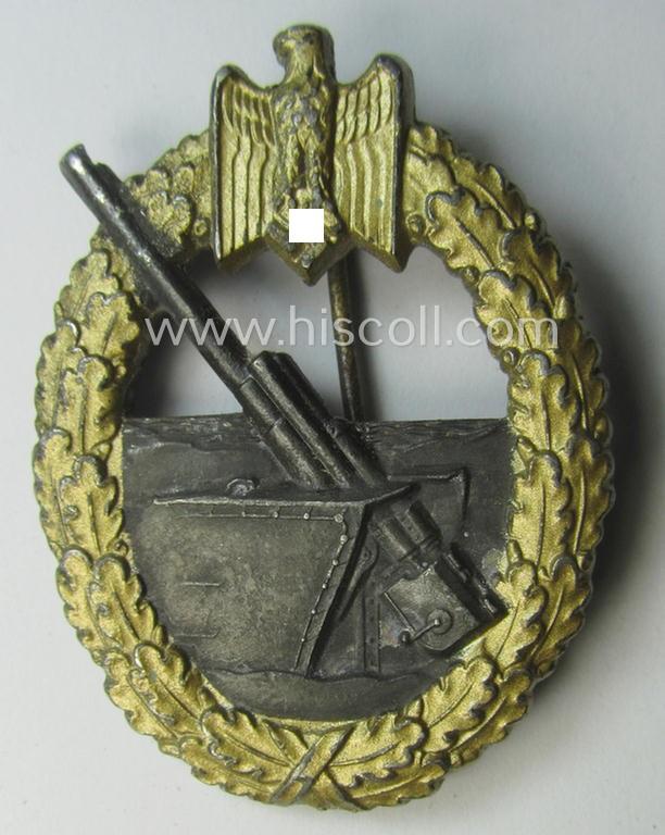 Regrettably incomplete, WH (KM) 'Marine-Artillerie-Abzeichen' being a clearly maker- (ie. 'HA'-) marked- and/or typical zinc- (ie. 'Feinzink'-) based example by the: 'Hermann Aurich'-company