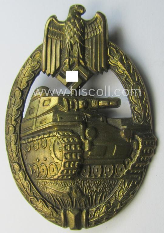 'Panzerkampf-Abzeichen in Bronze' being a (typical!) unmarked, 'Buntmetall'-based- and/or 'hollow-back'-specimen as was produced by the: 'Karl Würster'-company