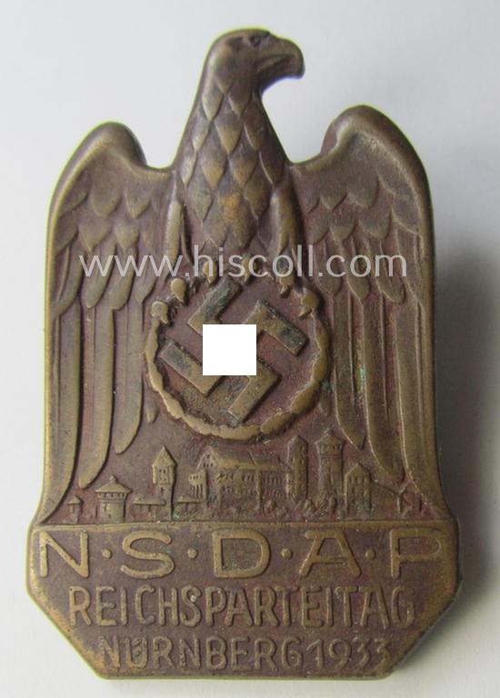 Period-repaired N.S.D.A.P.-related 'tinnie' (ie. 'Tagungs- o. Veranstaltungsabzeichen'): 'N.S.D.A.P. Reichsparteitag - Nürnberg 1933'